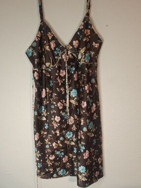 Adonna Floral Satin Slip Dress in Brown with Pink & Teal Flowers size XL